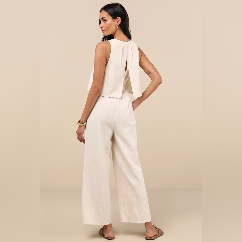 NWT | Lulus | Breezy Sophistication | Textured Wide-Leg Jumpsuit | Beige | S